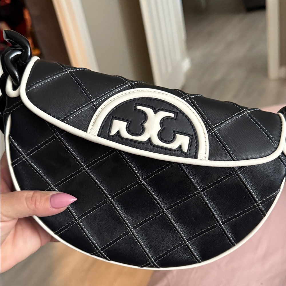 Tory Burch Black Quilted Leather Shoulder Bag with White Trim